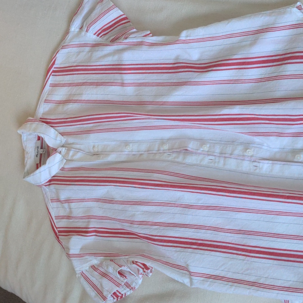 Madewell flutter sleeve red striped button up shirt